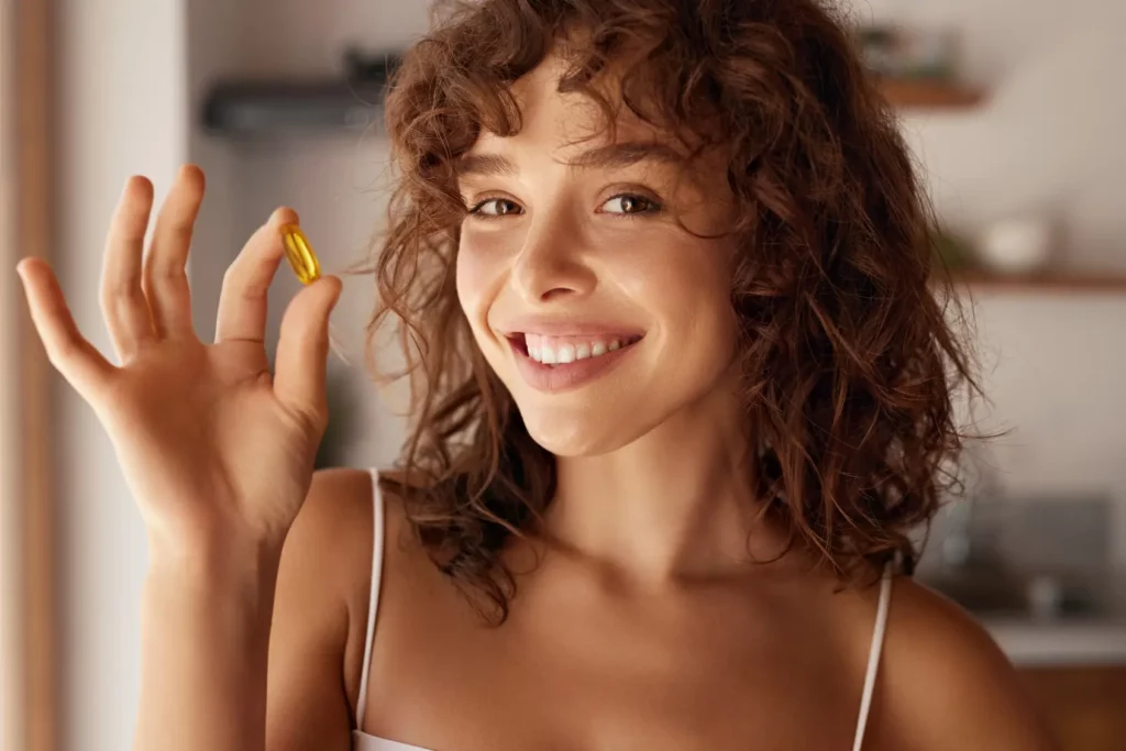 Portfolio 7 Smiling woman holding a yellow supplement capsule, representing wellness supplements at Evolve HRT & Wellness in The Woodlands, TX