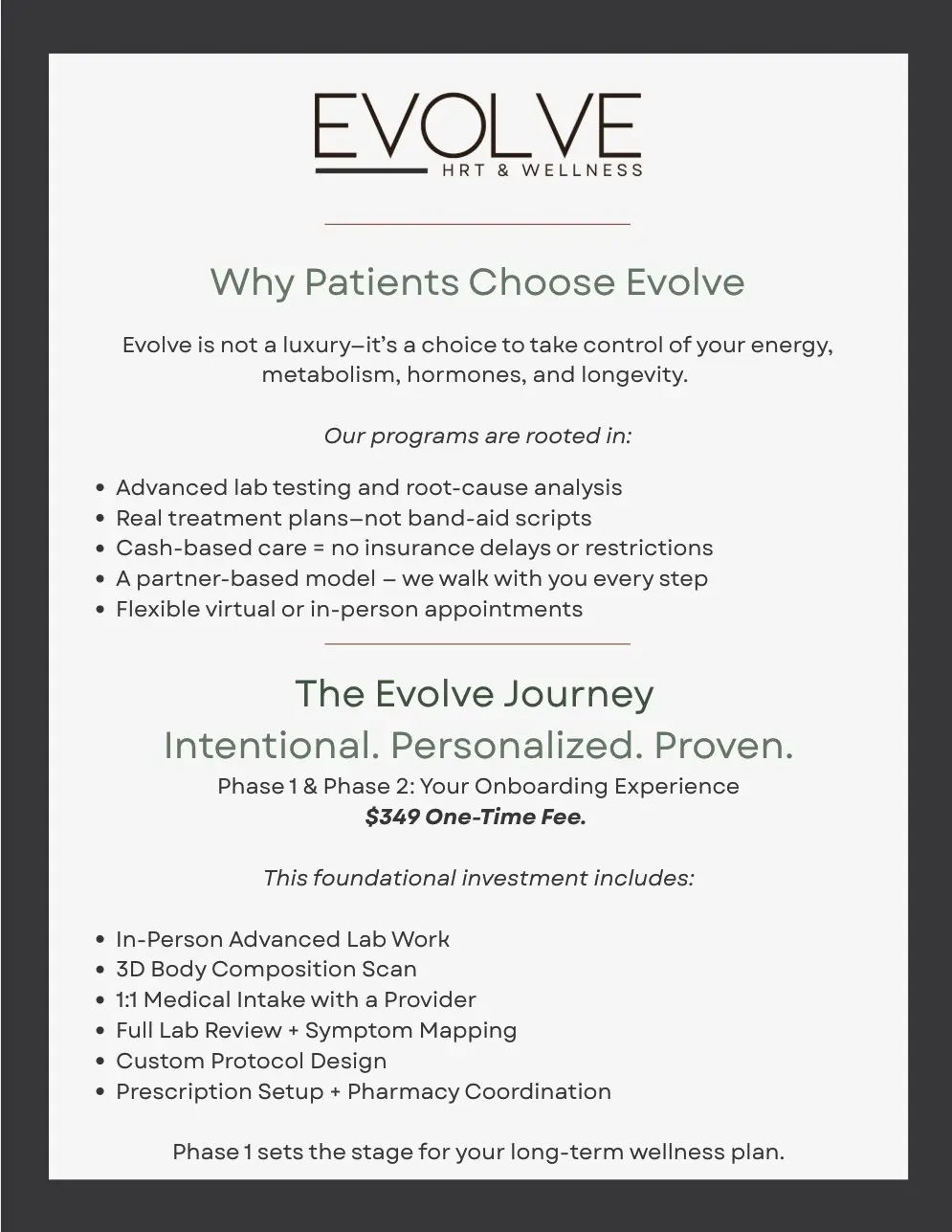 Evolve HRT & Wellness onboarding program details with personalized plans, advanced lab testing, and $349 fee in The Woodlands, TX